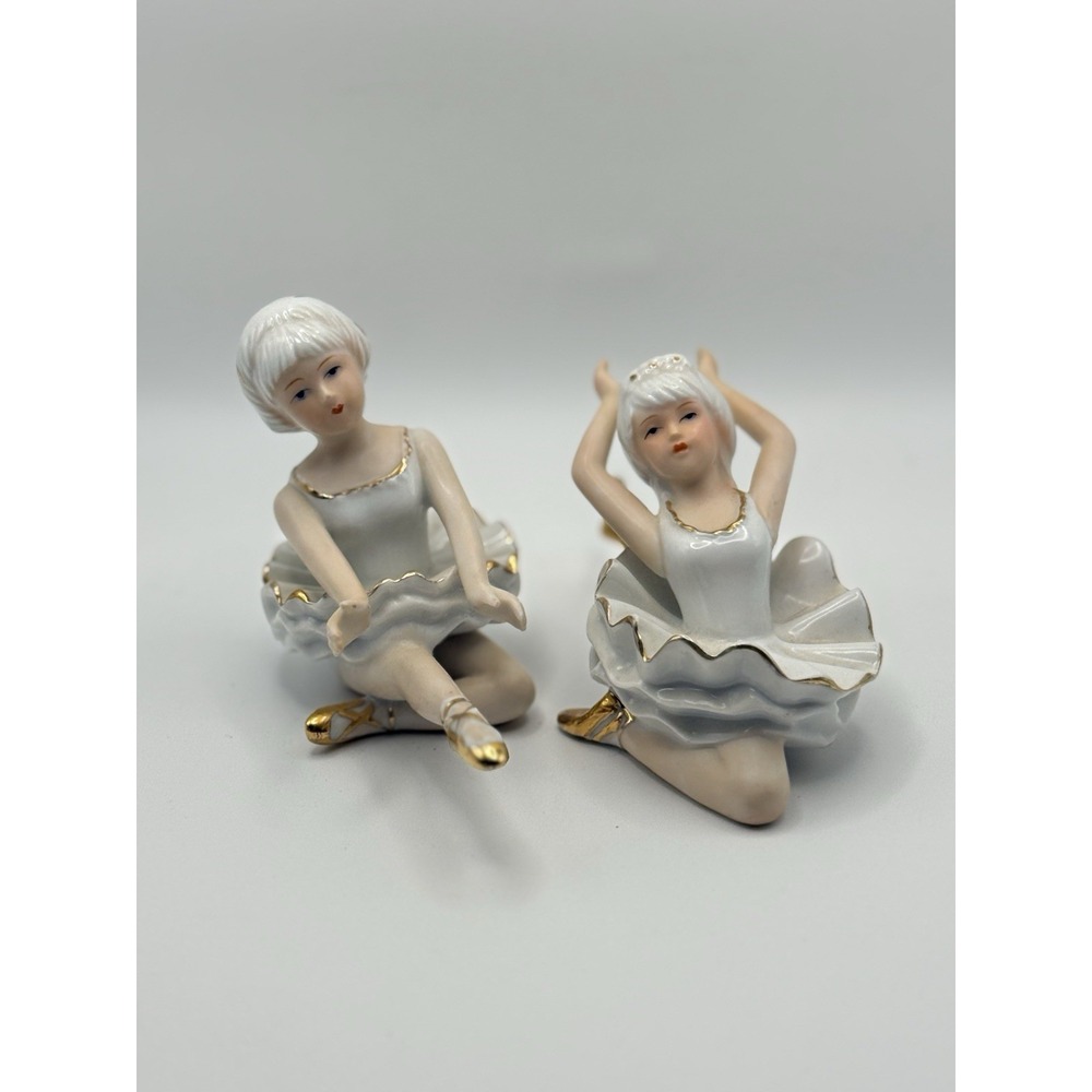 2 Vintage Ballerina‎ Girls Porcelain Figurines Gold Detail Chic Cottage Trinket